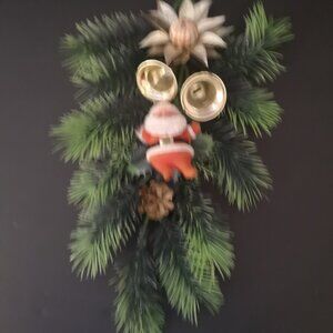 Vintage Flocked Santa & Christmas Plastic Pine Spruce Sprig Wall Hanging